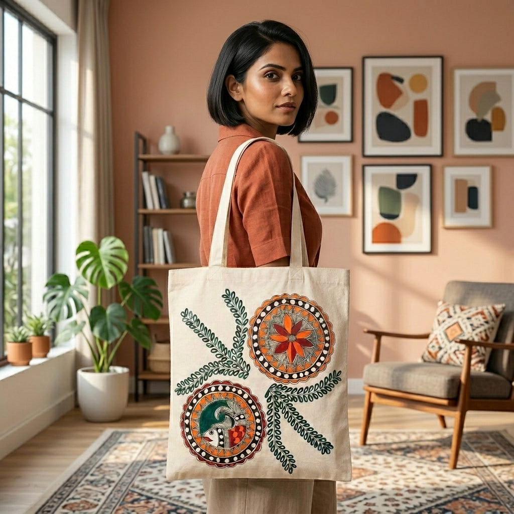 Madhubani Painting Tote Bag – Handmade Folk Art Carry Bag for Shopping, Travel & Daily Use