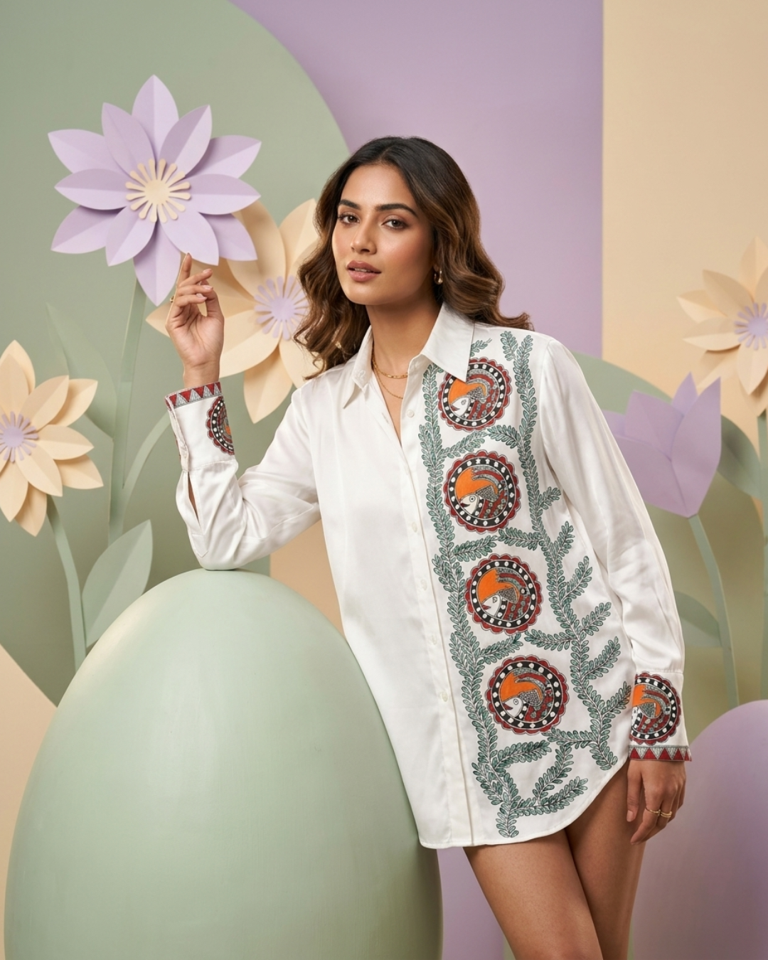 Women Madhubani Painting Shirt (Size L) – Handcrafted Designer Ethnic Wear