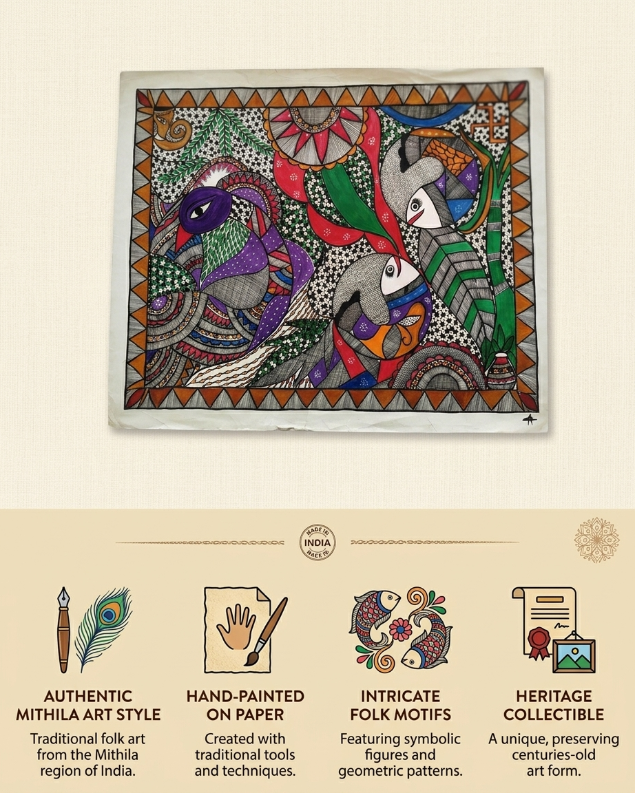 Fish and Peacock Madhubani Painting Handmade Paper Wall Art Without Frame
