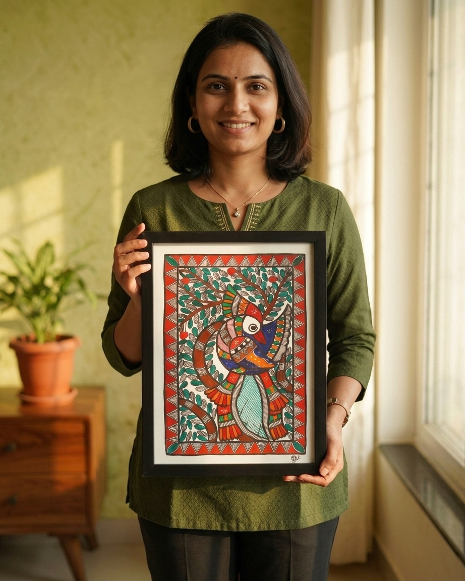 Peacock Madhubani Painting Framed A4 –Wall Art Decor