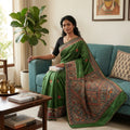 Green Handmade Madhubani Painting Saree with Blouse