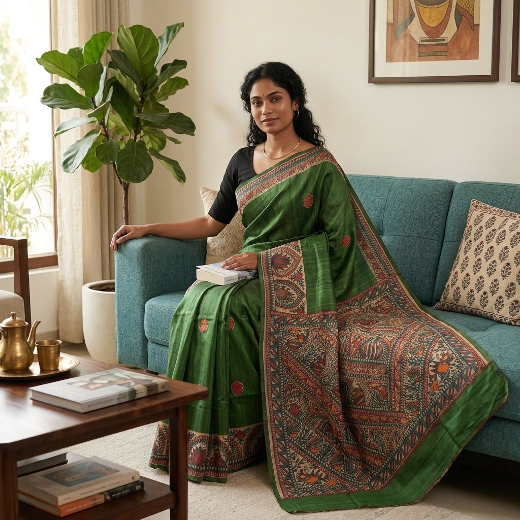 Green Handmade Madhubani Painting Saree with Blouse