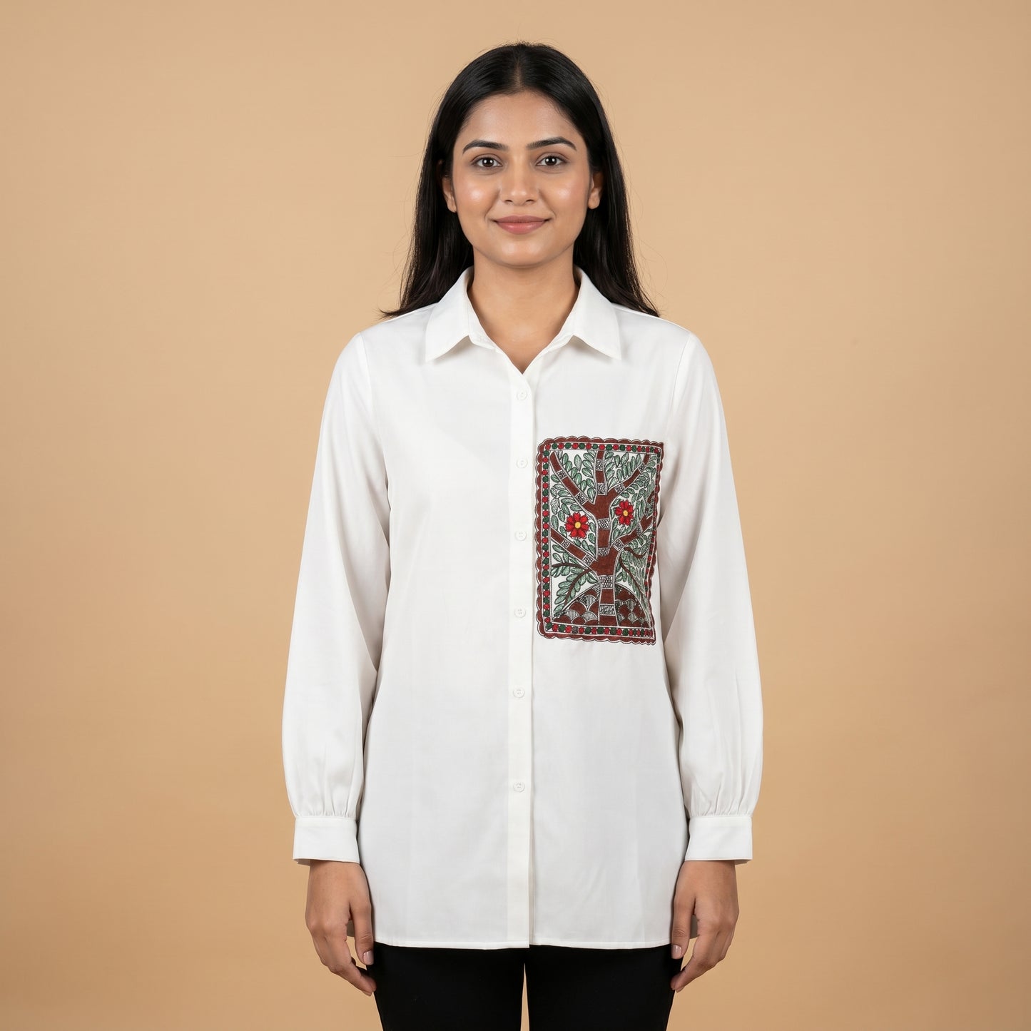 Hand-Painted Madhubani Women's Shirt Front & Back Art