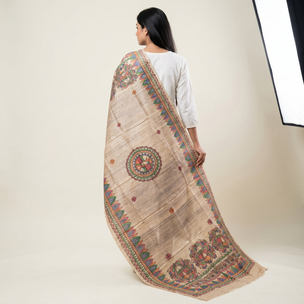 Handmade Madhubani Painting Dupatta |  Ethnic Hand-Painted Dupatta