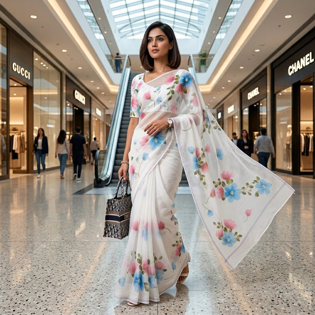 White Floral Handmade Madhubani Painting Saree with Blouse