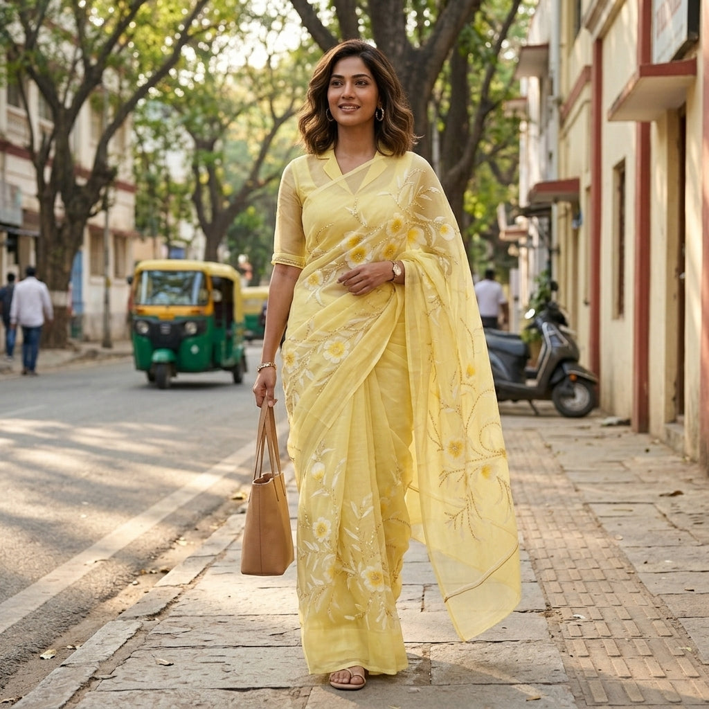 Light Yellow Floral Handmade Madhubani Painting Saree with Blouse