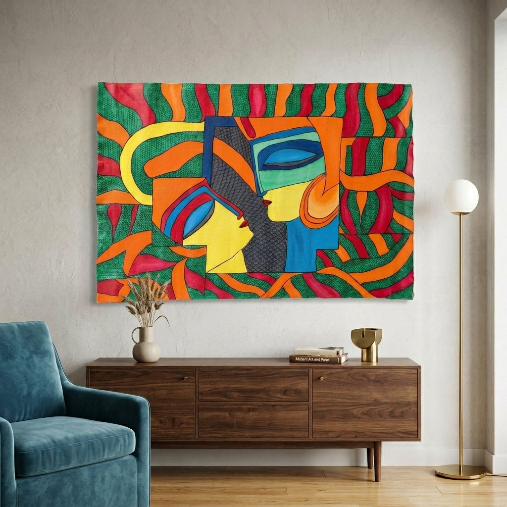 Krishna and Radha Abstract Madhubani Painting – Handmade Traditional Wall Art