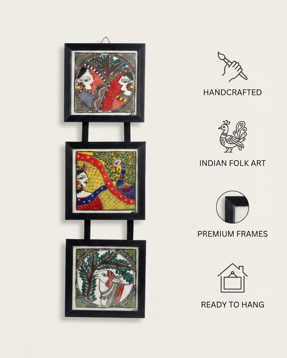 Handmade Krishna & Radha Madhubani Painting Triple Frame Wall Hanging – Traditional Mithila Art Decor