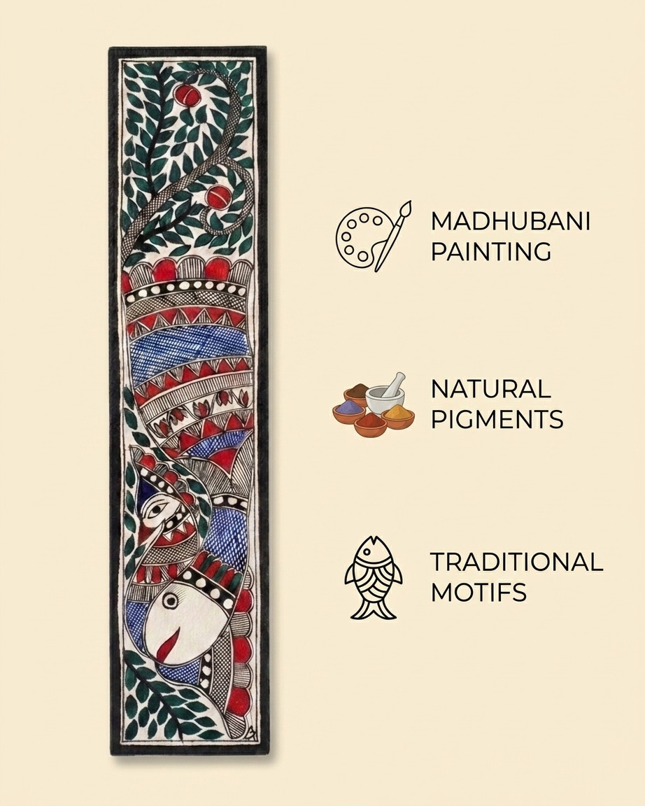 Fish and Peacock Madhubani Painting Handmade Paper Wall Art Without Frame