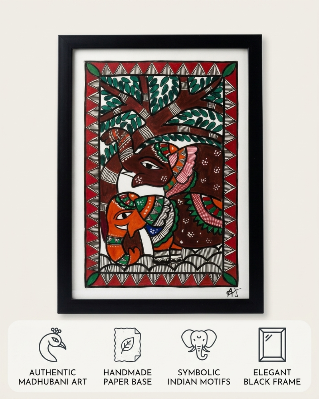 Elephant Madhubani Painting Framed A4 – Wall Art Decor