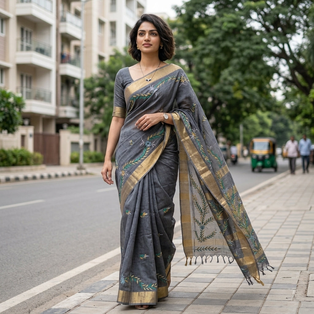 Dark Grey Handmade Madhubani Painting Saree with Blouse - Traditional Mithila Art