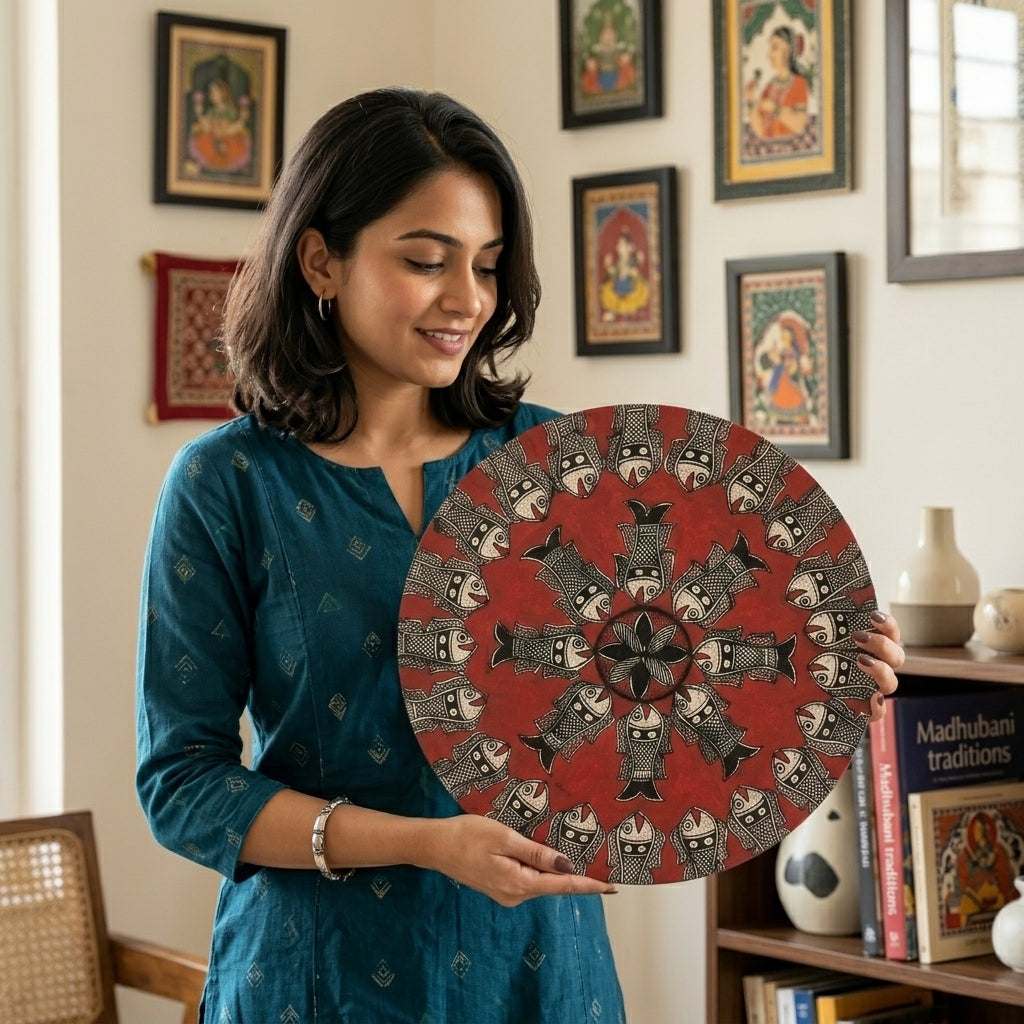 Handmade Fish Madhubani Painting Wall Art on MDF Board | Traditional Mithila Folk Art Decor