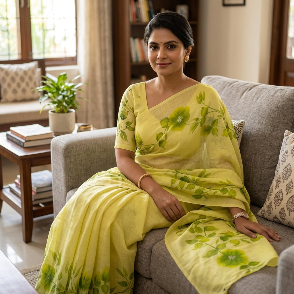 Light Green Floral Handmade Madhubani Painting Saree with Blouse – Handcrafted Mithila Art Saree for Women