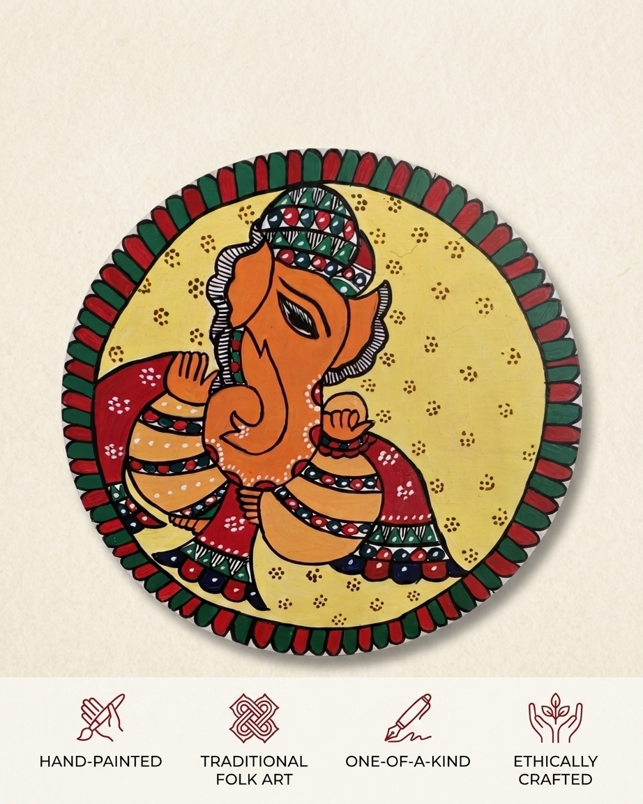 Handmade Ganesha Madhubani Painting Wall Art on MDF Board – Traditional Mithila Home Decor