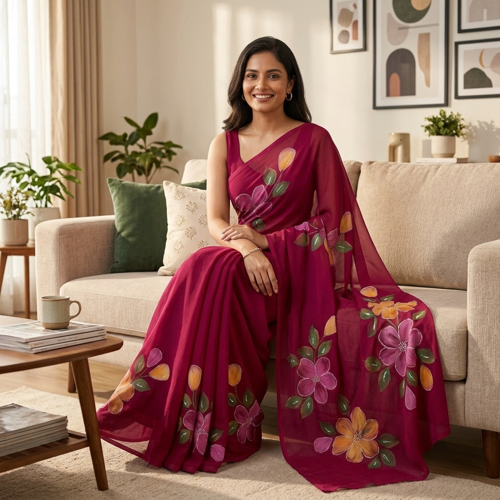 Floral Handmade Madhubani Painting Saree with Blouse  – Traditional Mithila Art Saree for Women