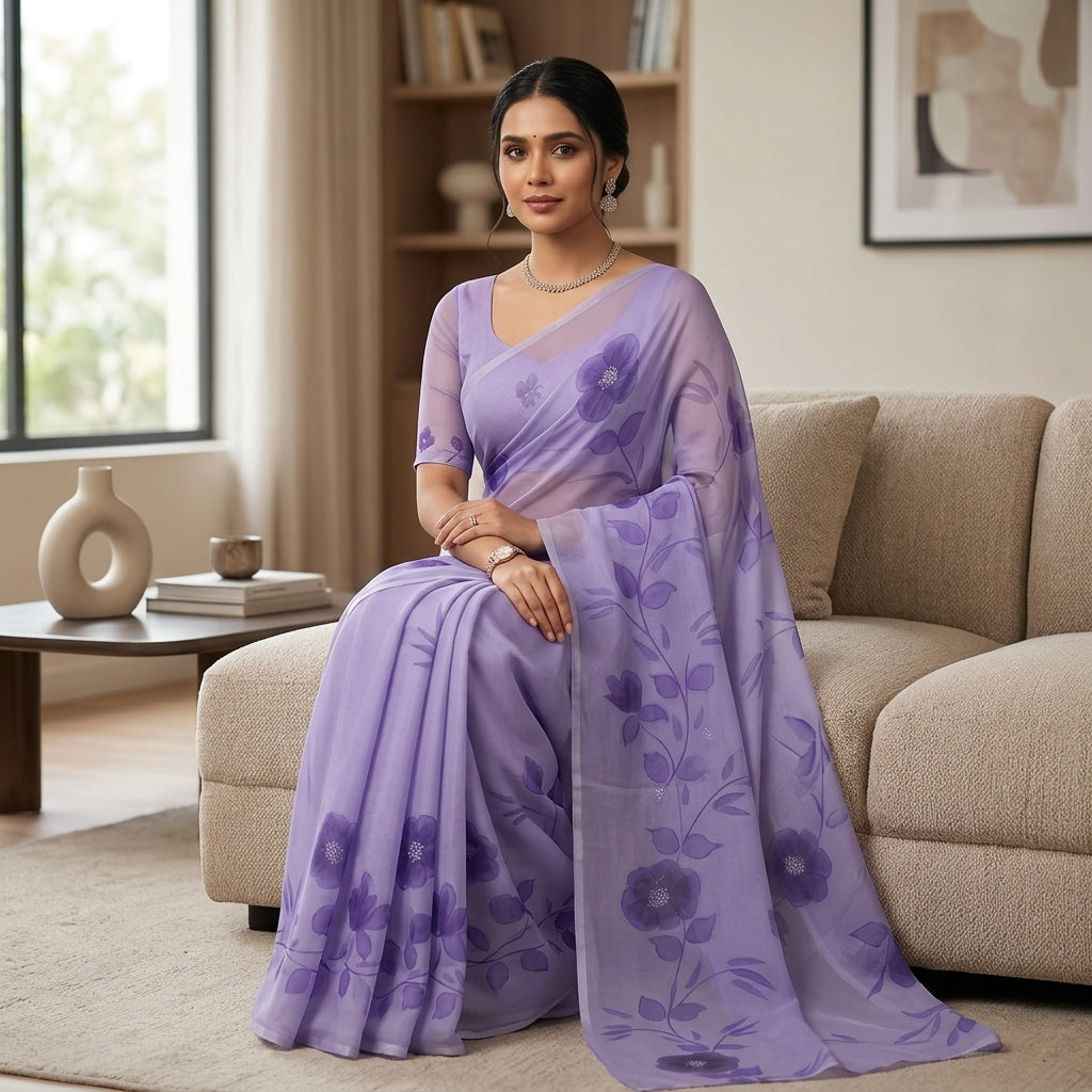 Lavender Floral Handmade Madhubani Painting Saree with Blouse – Handcrafted Mithila Art