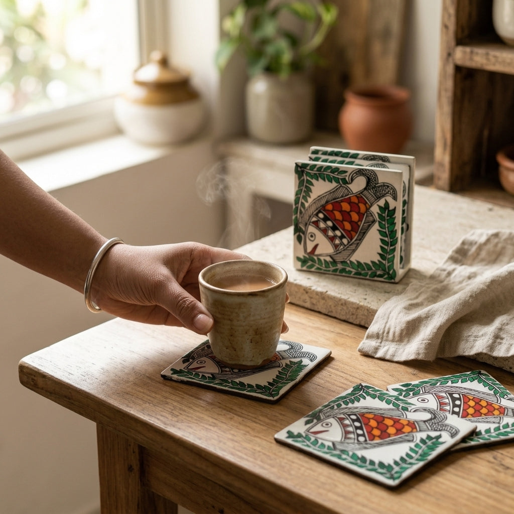 Handmade Fish Design Madhubani Coaster Set with Stand – MDF Board Decorative Tea Coasters (Set of 6)