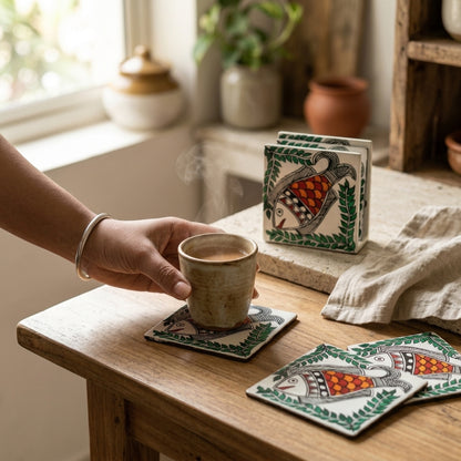 Handmade Fish Madhubani Painting Coaster Set with Stand