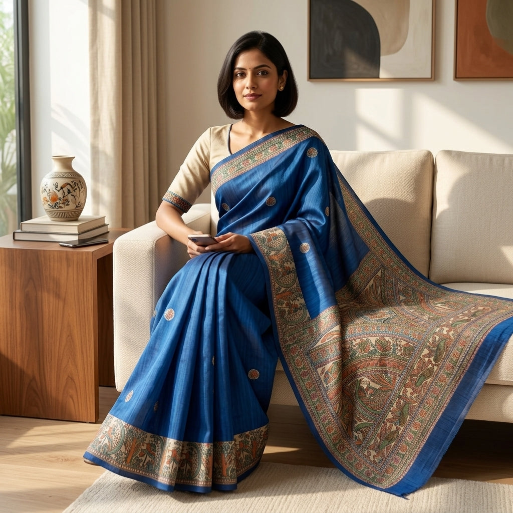 Blue Handmade Madhubani Painting  Saree with Blouse