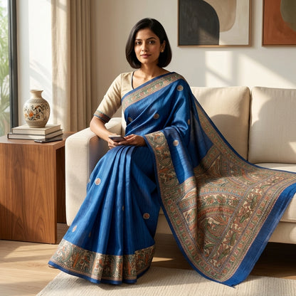 Blue Handmade Madhubani Painting Saree with Blouse