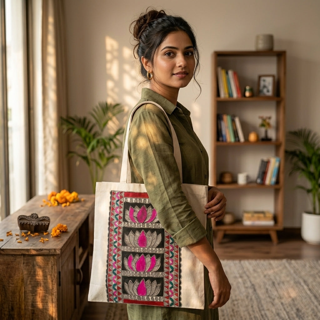 Handcrafted Madhubani Painting Tote Bag – Reusable Shoulder Bag for Everyday Use