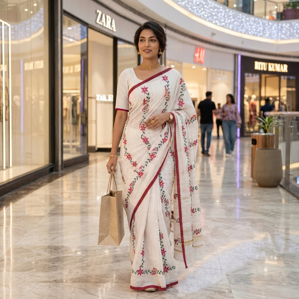 Red & White Floral Handmade Madhubani Painting Saree with Blouse