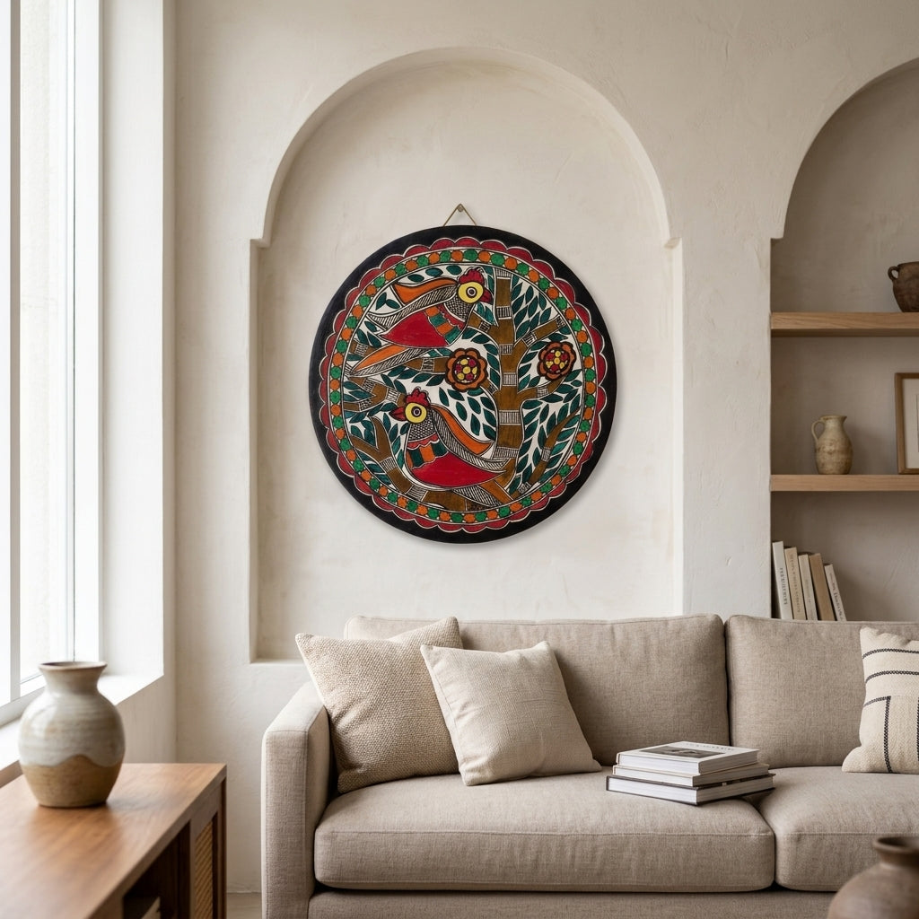 Birds Tree of Life Madhubani Painting Wall Art – Handcrafted Home Decor