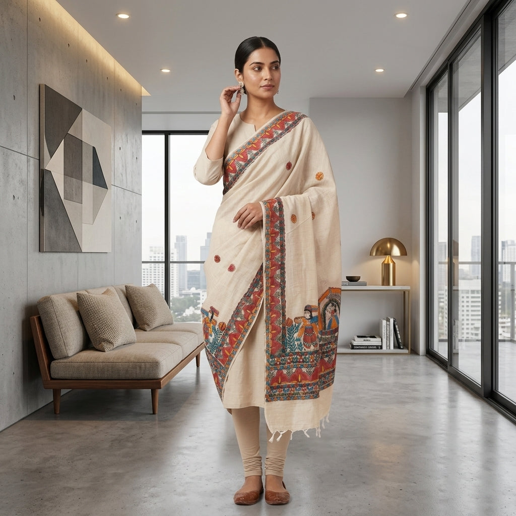 Handmade Madhubani Painting  Dupatta for Women – Handcrafted Ethnic