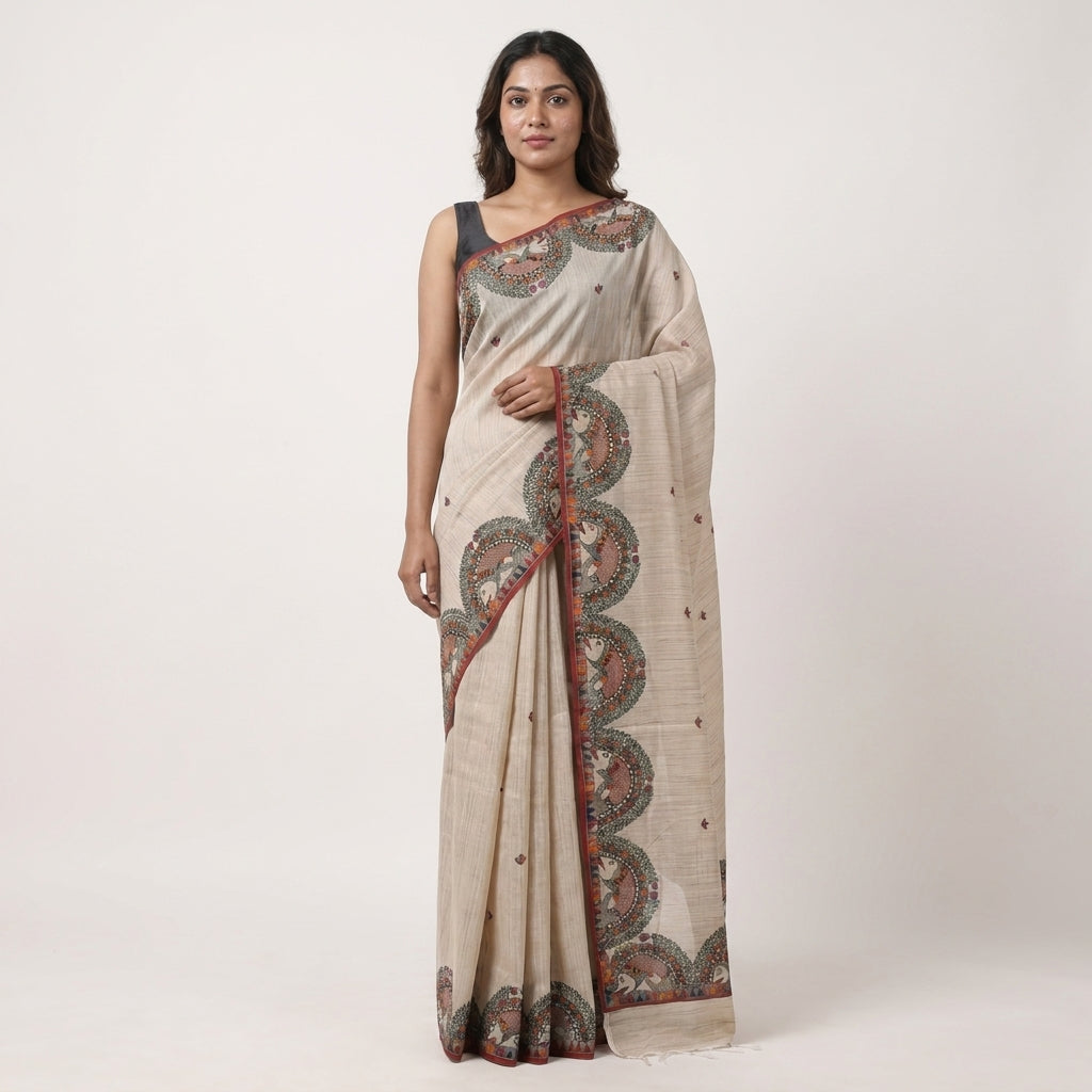 Handmade Madhubani Painting Tussar  Saree with Blouse – Traditional Ethnic Wear for Women