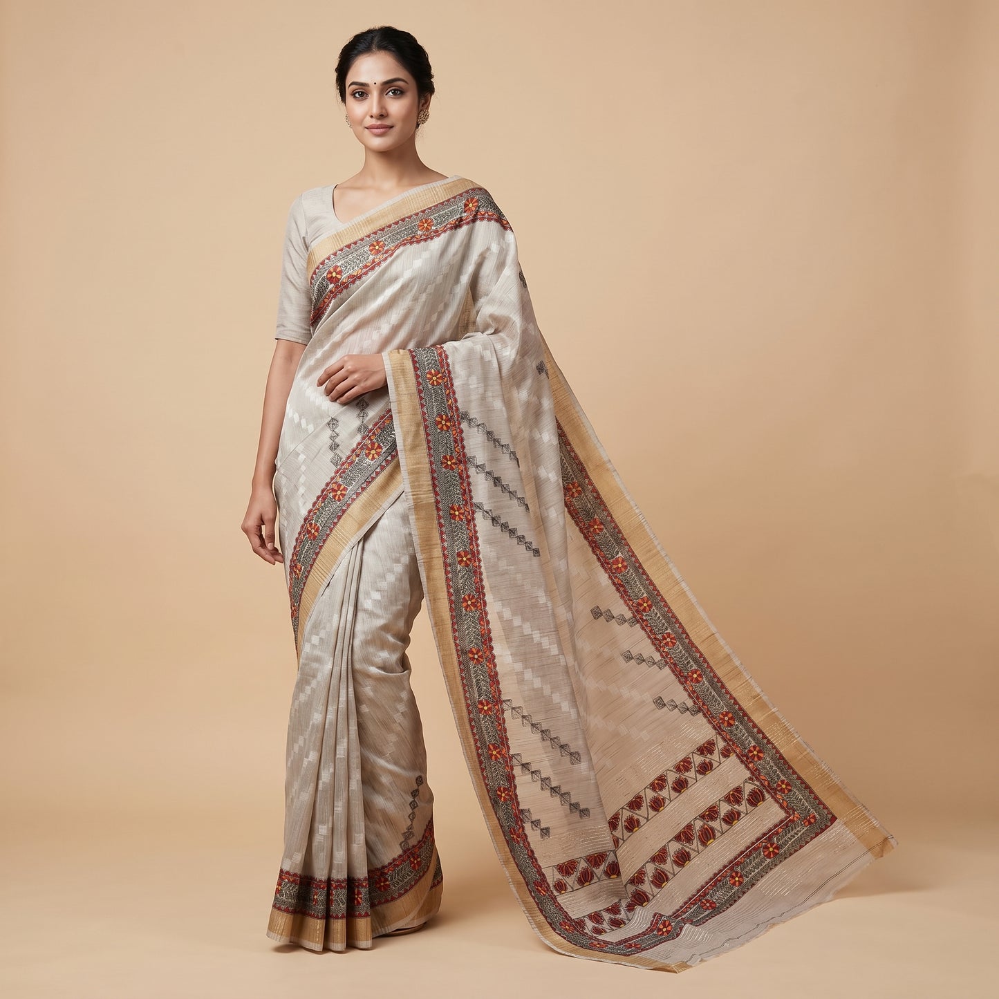 Light Greyish Beige Handmade Madhubani Painting Saree
