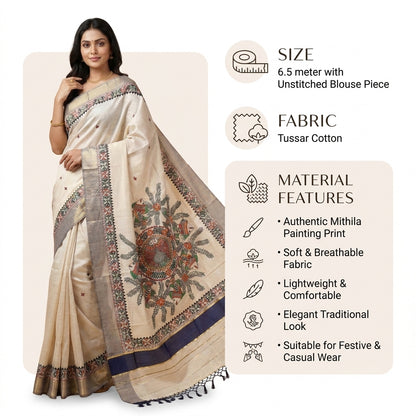 Light Cream Handmade Madhubani Painting Saree for Women