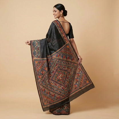 Black Handmade Madhubani Painting Saree with Blouse