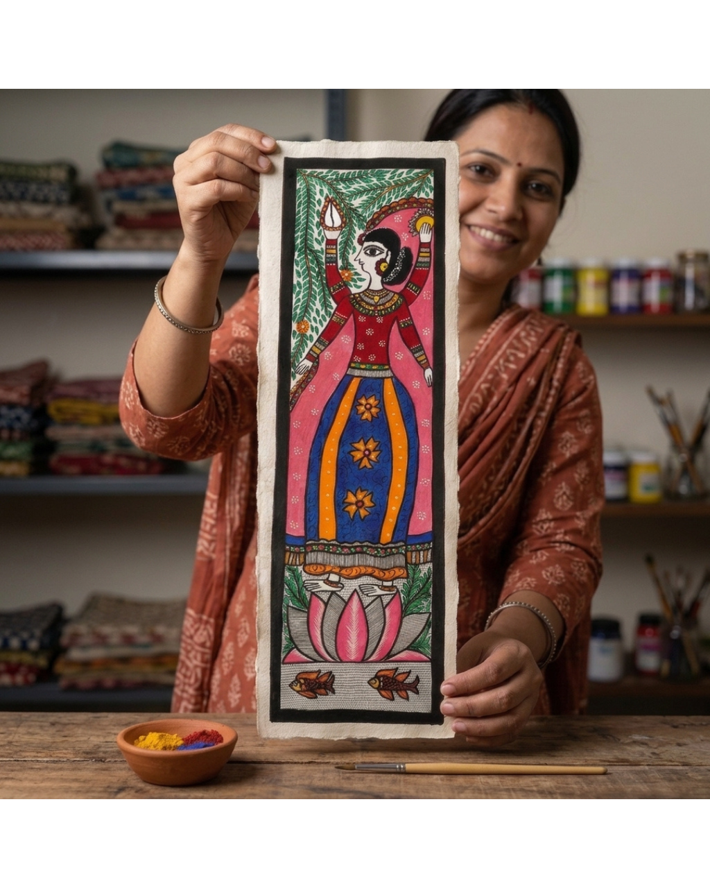 Mata Laxmi Madhubani Painting on Handmade Paper (10x30 Inch) – Traditional Mithila Folk Art Wall Decor