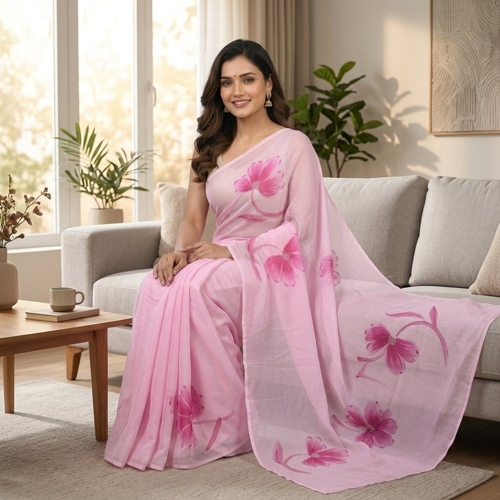 Floral Handmade Madhubani Painting Saree with Blouse Piece – Elegant Hand-Painted Mithila Art Saree for Women