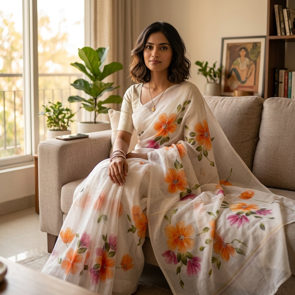 Floral Handmade Madhubani Painting Saree with Blouse  | Hand-Painted Mithila Art Saree for Women
