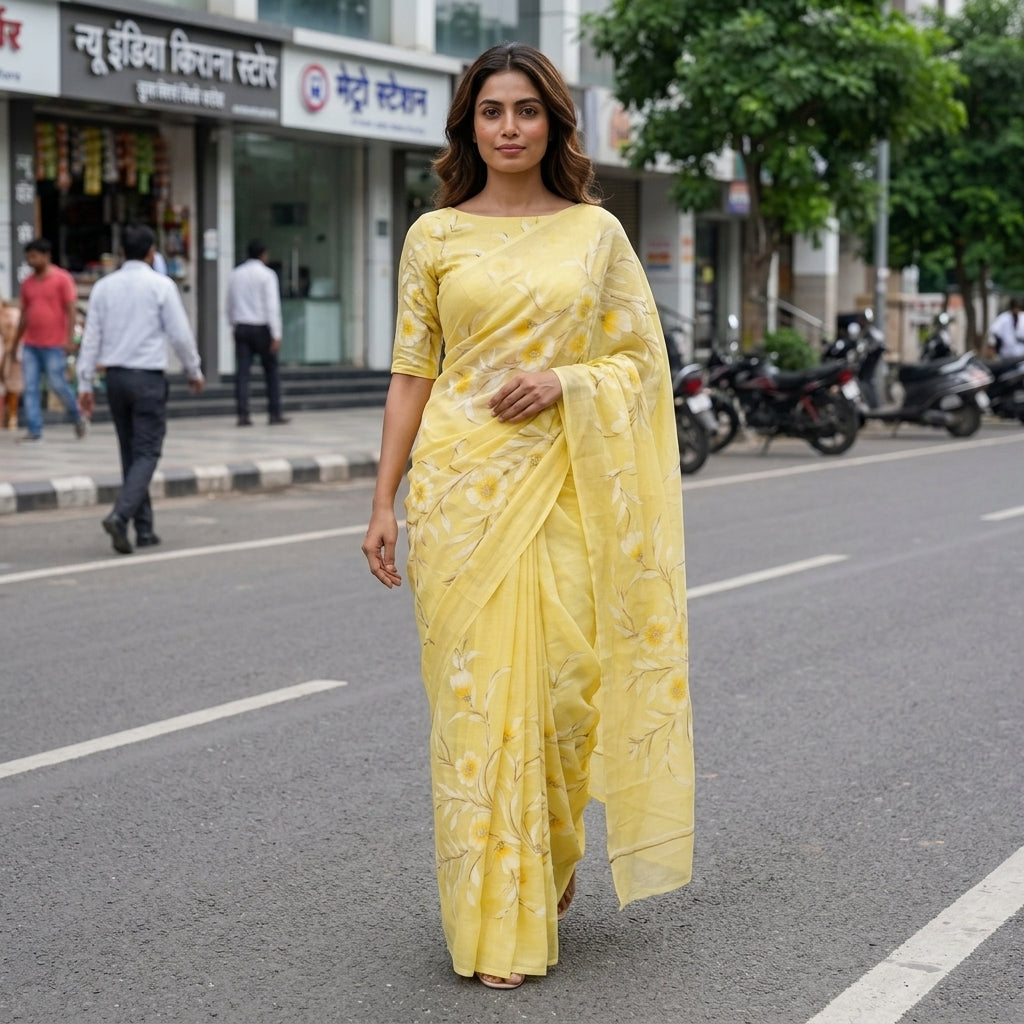 Light Yellow Floral Handmade Madhubani Painting Saree with Blouse