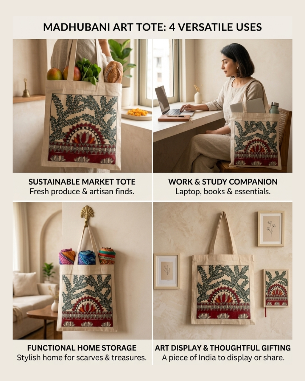 Madhubani Painting Tote Bag – Handmade Art Bag for Shopping, Travel & Daily Use
