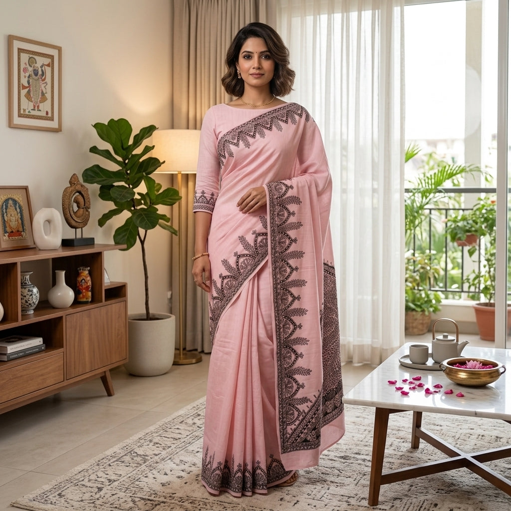 Handmade Madhubani Painting Saree with Blouse for Women