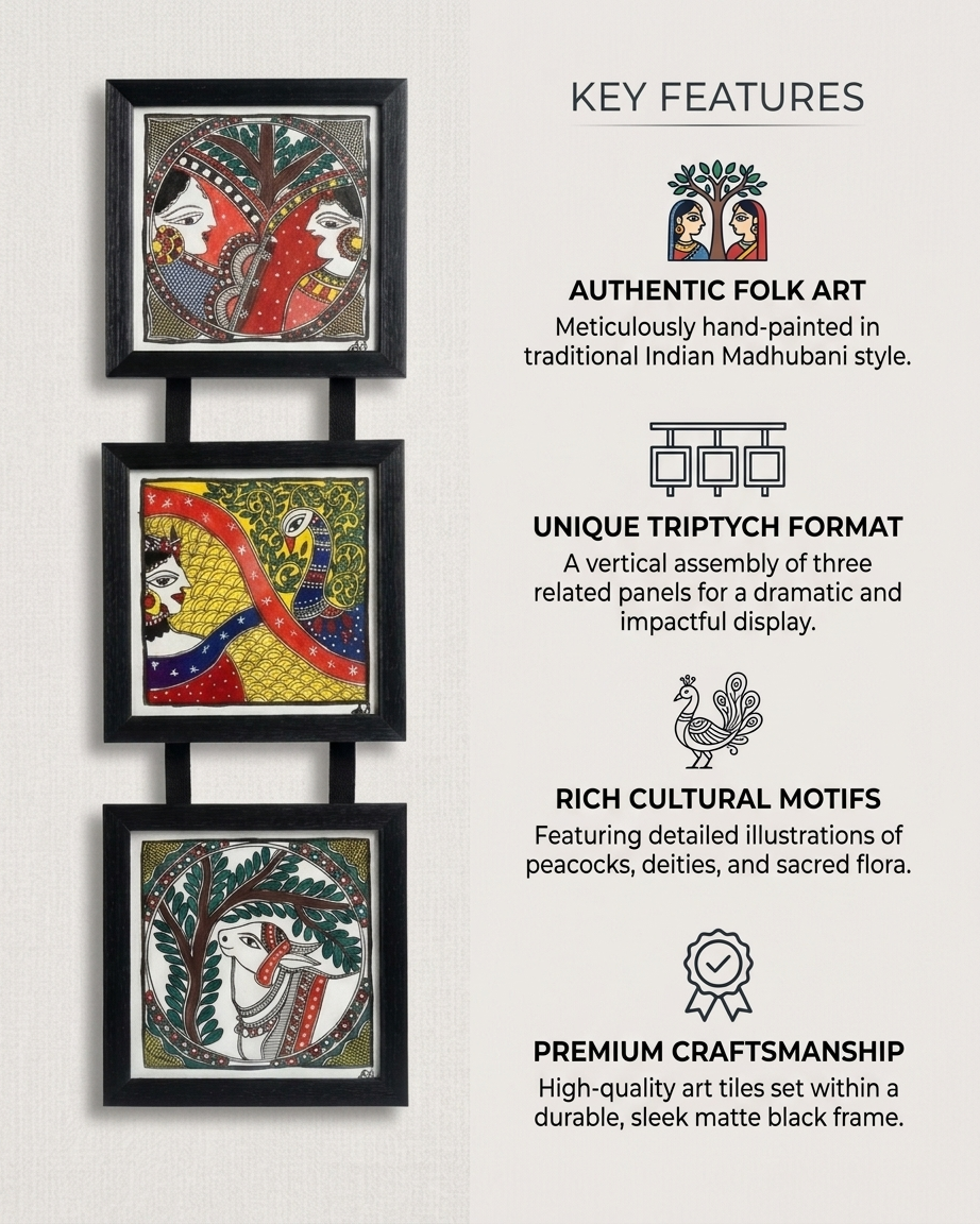 Handmade Krishna & Radha Madhubani Painting Triple Frame Wall Hanging – Traditional Mithila Art Decor