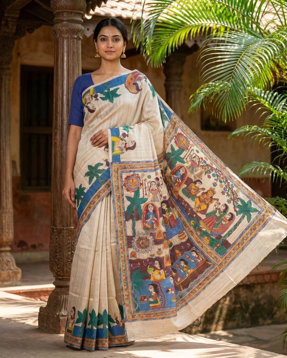 Handmade Madhubani Painting Silk Saree with Blouse | Ethnic Saree