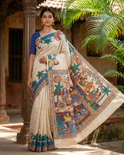 Handmade Madhubani Painting Saree with Blouse for Women