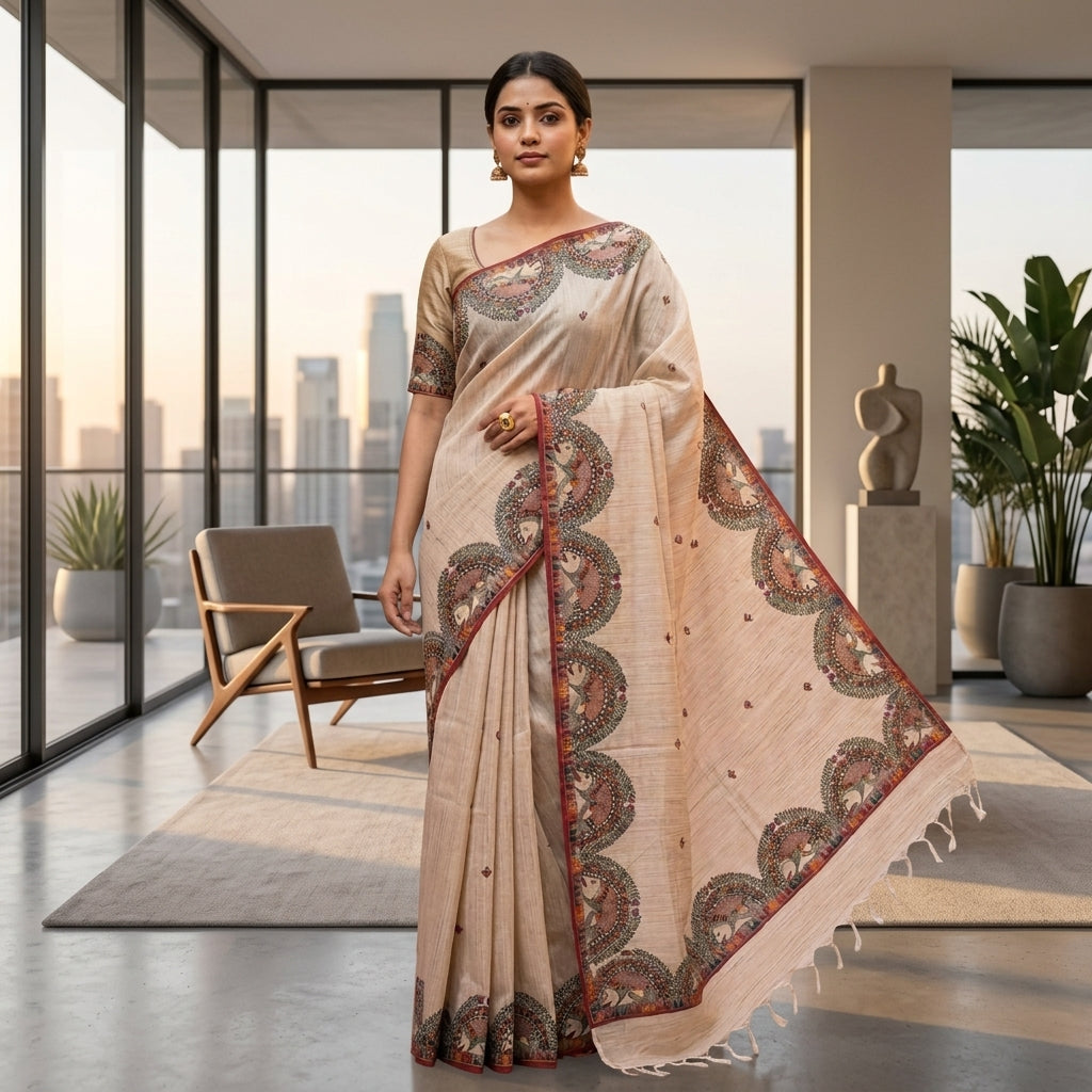 Handmade Madhubani Painting Tussar  Saree with Blouse – Traditional Ethnic Wear for Women