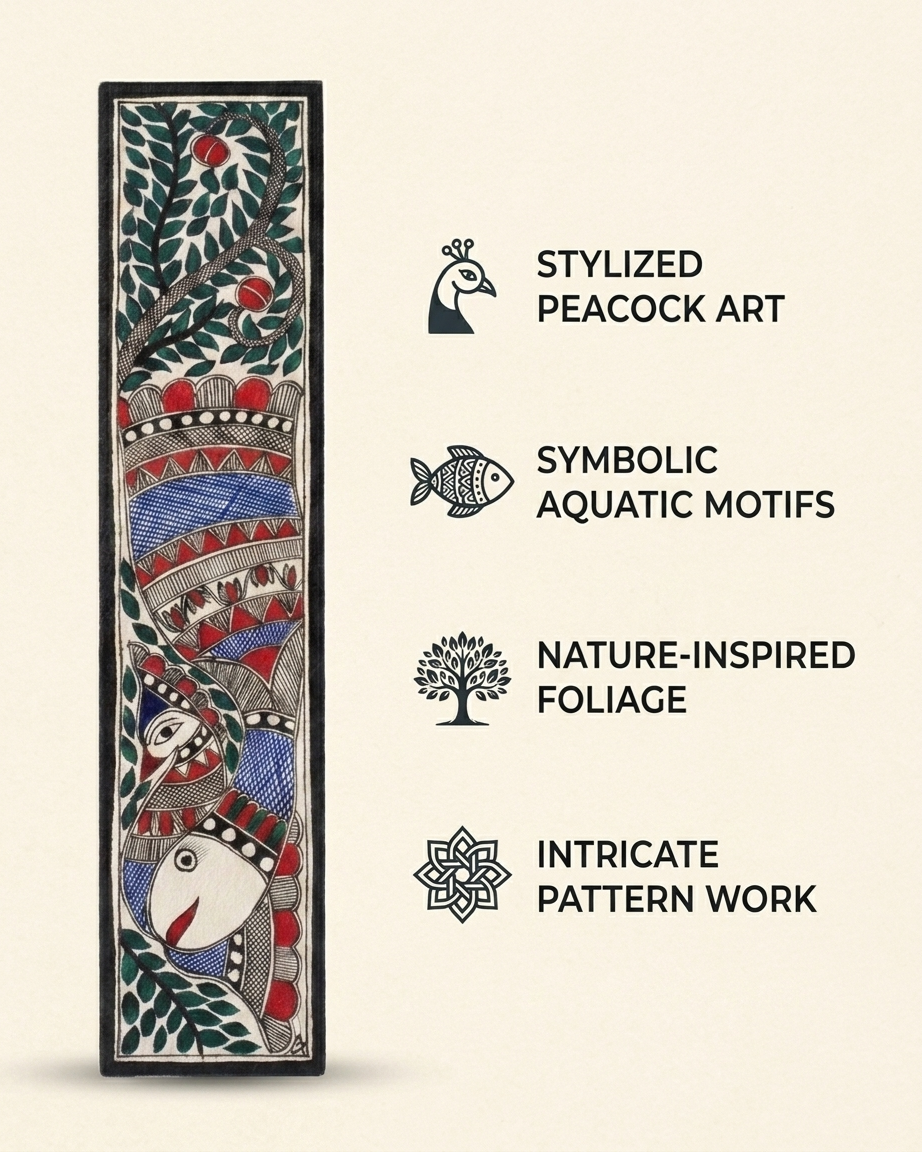 Fish and Peacock Madhubani Painting Handmade Paper Wall Art Without Frame
