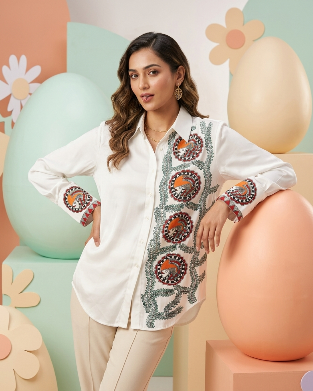 Women Madhubani Painting Shirt (Size L) – Handcrafted Designer Ethnic Wear