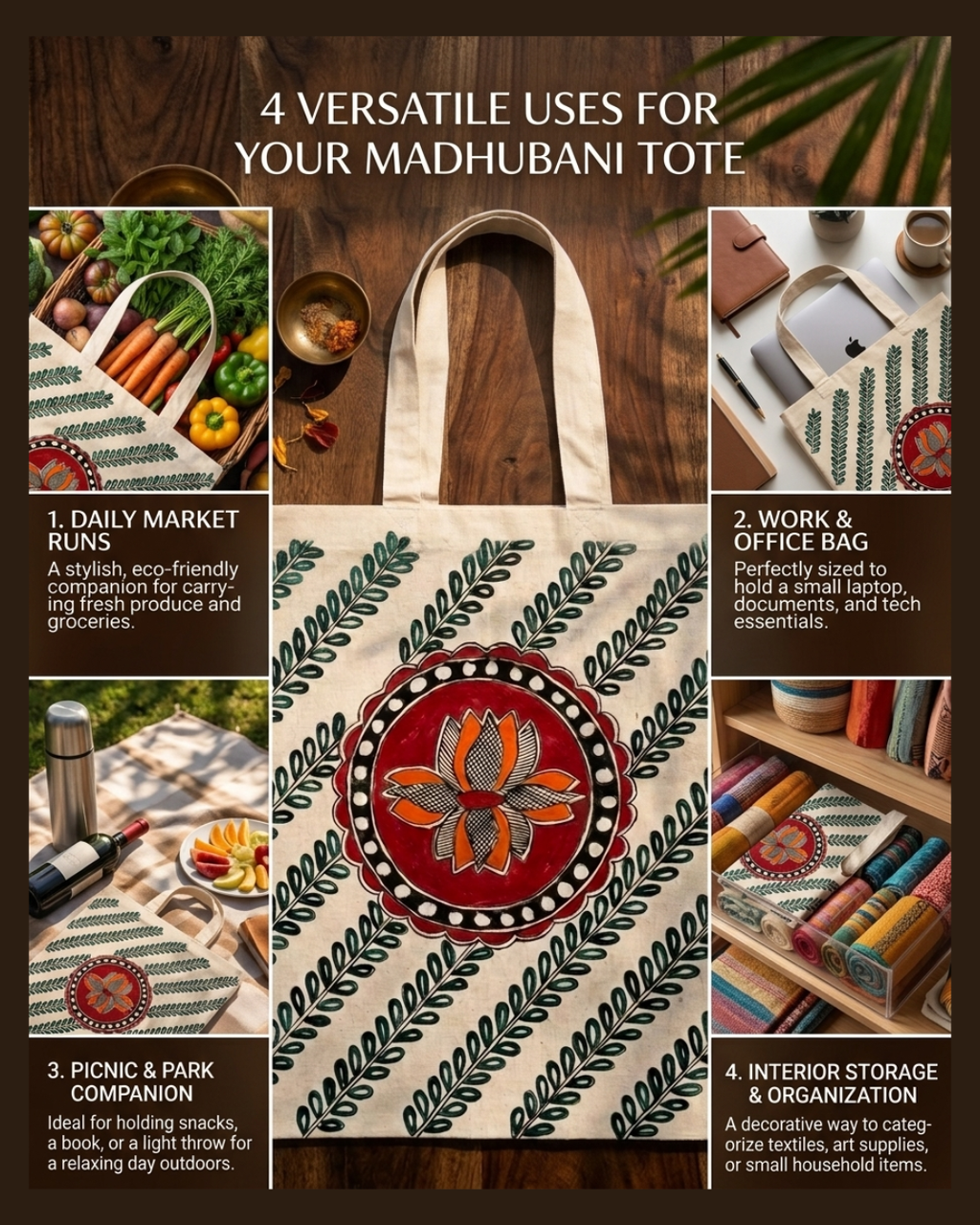 Madhubani Art Tote Bag – Handmade Traditional Indian Painting Carry Bag for Daily Use
