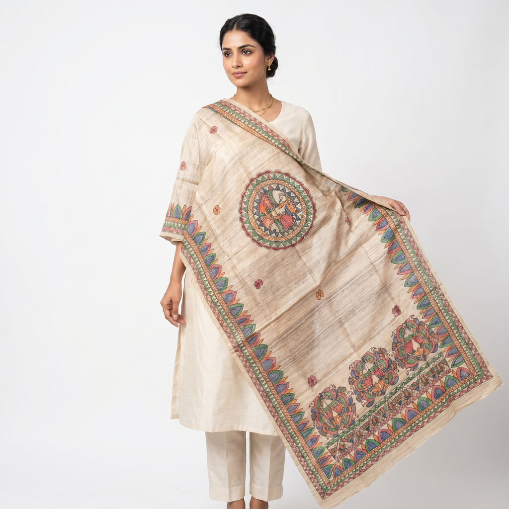 Handmade Madhubani Painting Dupatta |  Ethnic Hand-Painted Dupatta