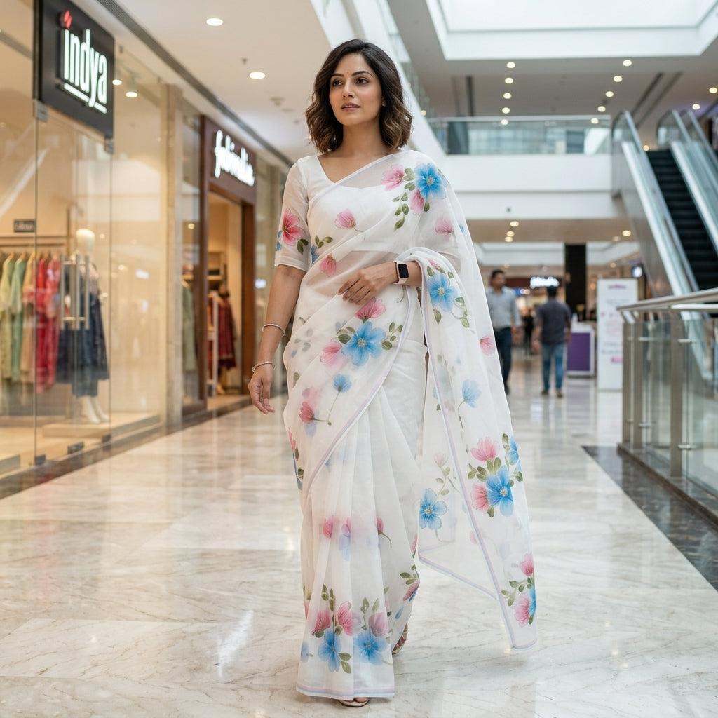 White Floral Handmade Madhubani Painting Saree with Blouse