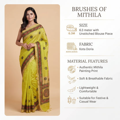 Lemon Green Handmade Madhubani Painting Saree for Women