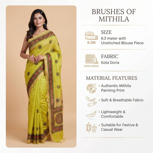 Lemon Green Handmade Madhubani Painting Saree for Women