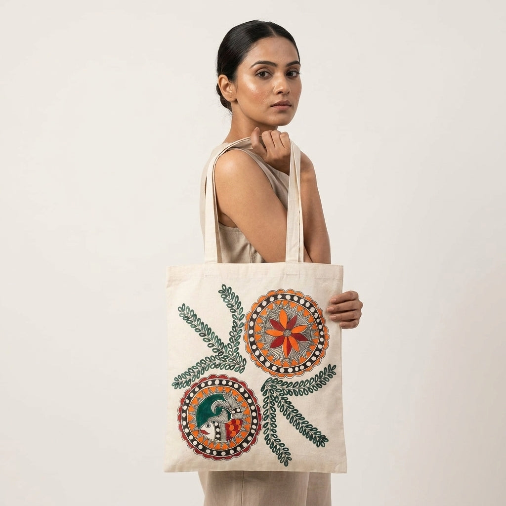 Madhubani Painting Tote Bag – Handmade Folk Art Carry Bag for Shopping, Travel & Daily Use